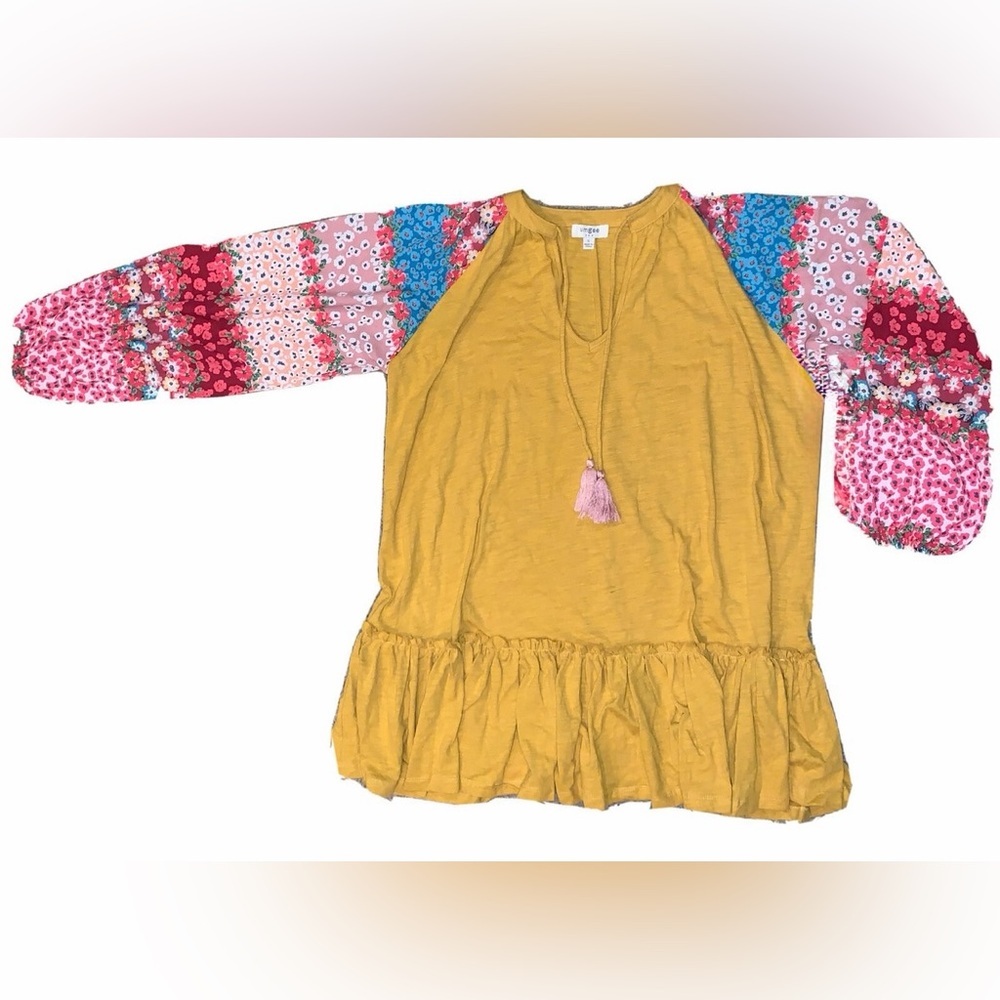 Umgee Boho Floral Babydoll Tunic Dress XL Mustard Yellow Bell Sleeve Peasant - Picture 5 of 11
